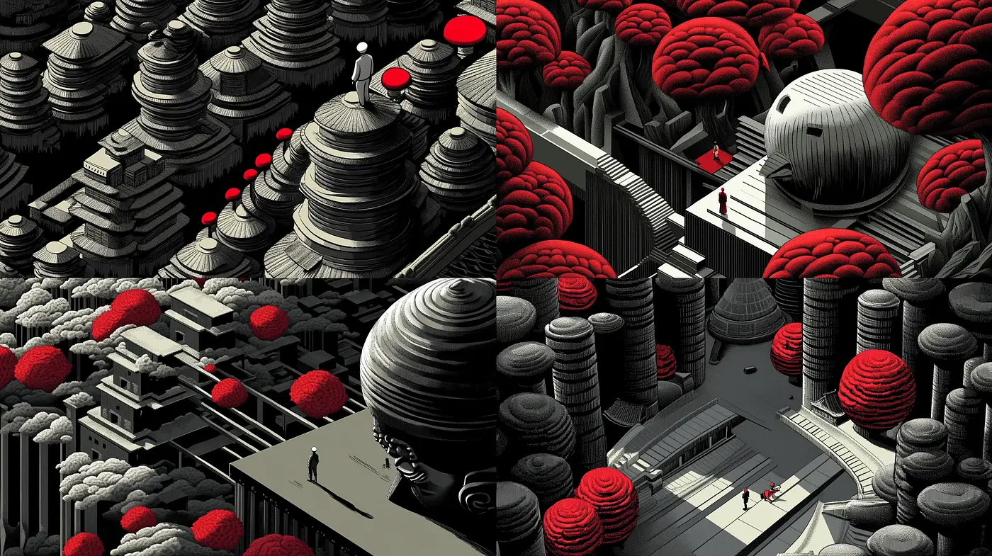 Monochromatic Futurism with Red Accentuation - Midjourney sref style