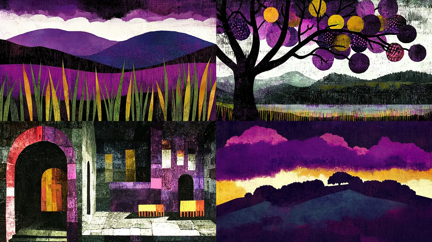 Textured Contrast of Dreamscapes and Architectural Forms - Midjourney sref style