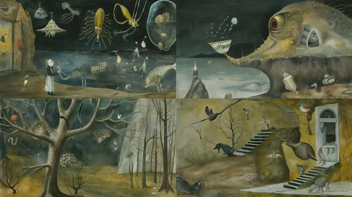 Surreal and whimsical dreamscapes blending the macabre with the fantastical - Midjourney sref style
