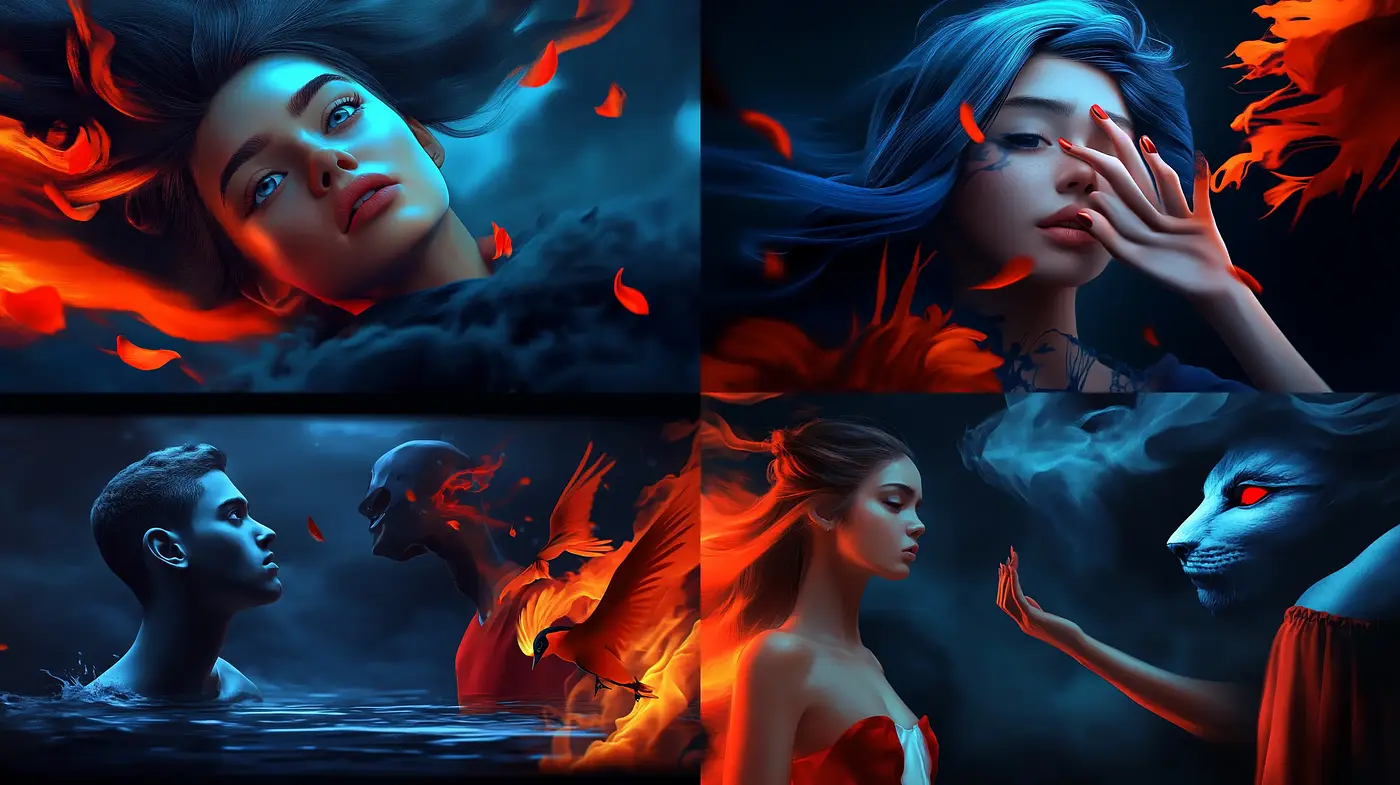 Ethereal Flames: A Surreal Cinematic Exploration in Blue and Orange Hues - Midjourney sref style