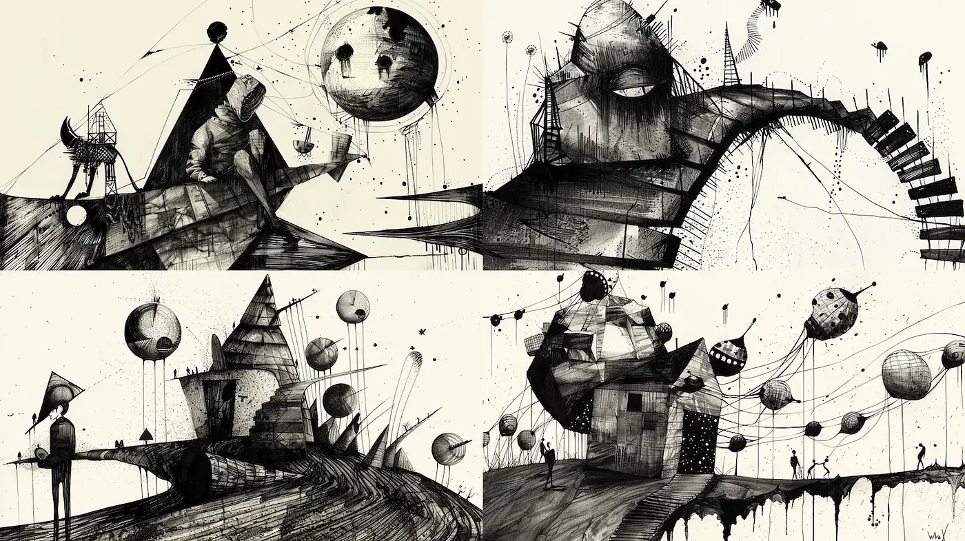 Surrealistic and Whimsical Black and White Illustrations with Abstract Elements - Midjourney sref style