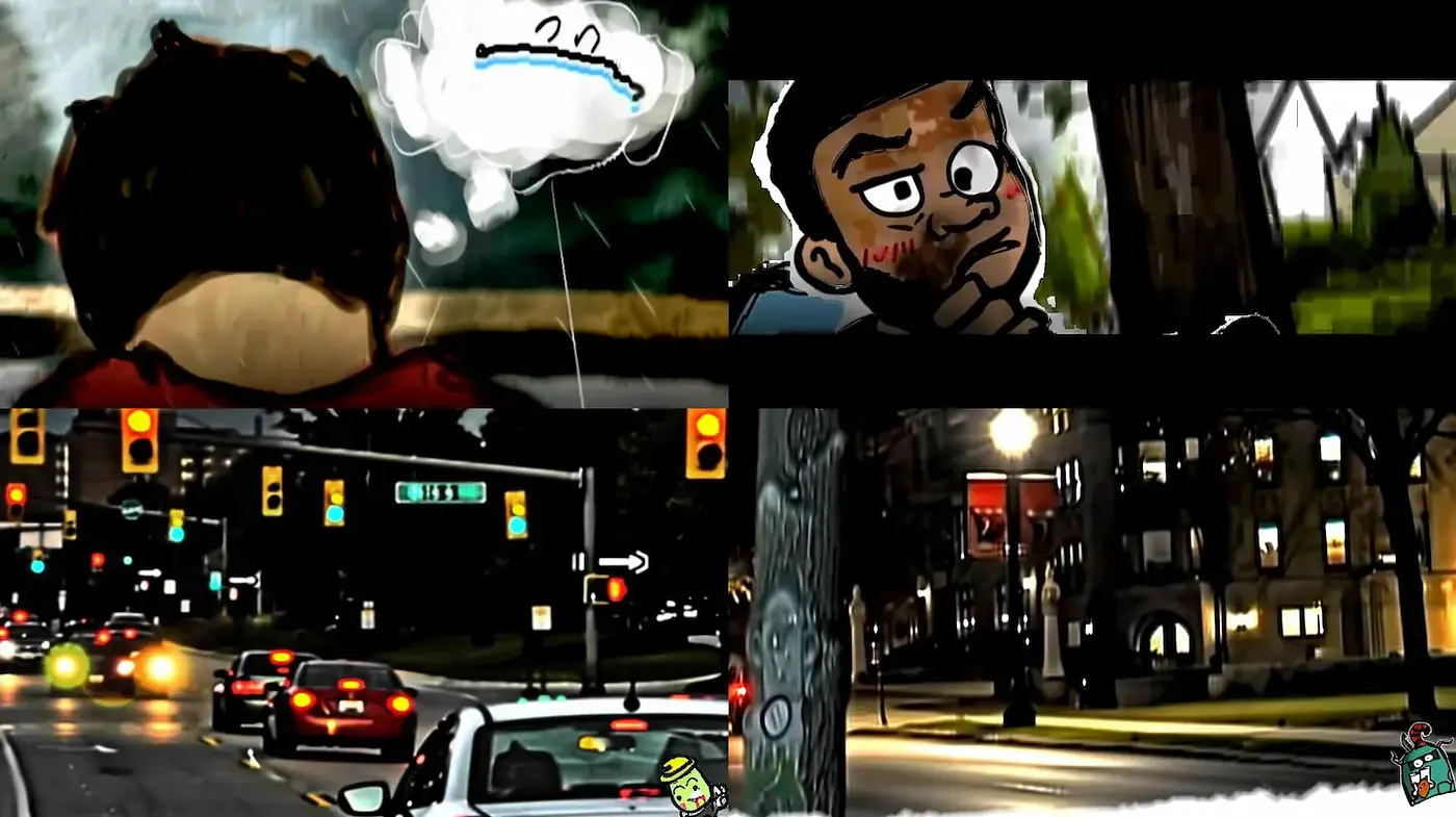 Dynamic comic-inspired urban scenes with layered storytelling - Midjourney sref style