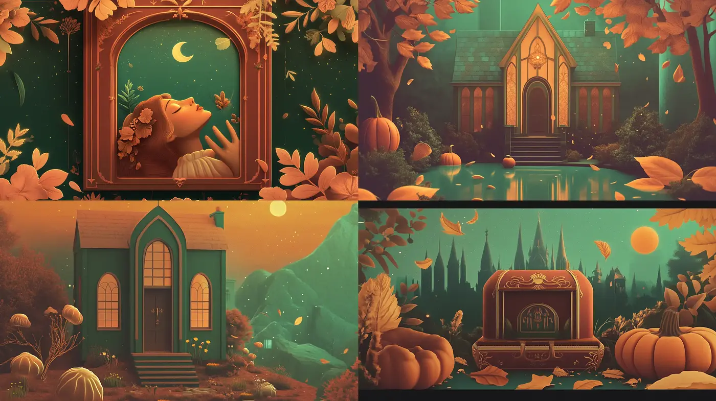 Enchanted Autumnal Twilight: A Harmonious Blend of Rustic Charm and Whimsical Fantasy - Midjourney sref style