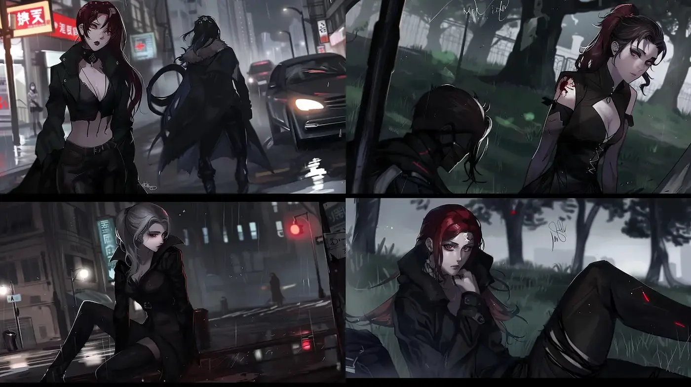 Dark, atmospheric cyberpunk with a touch of melancholy - Midjourney sref style
