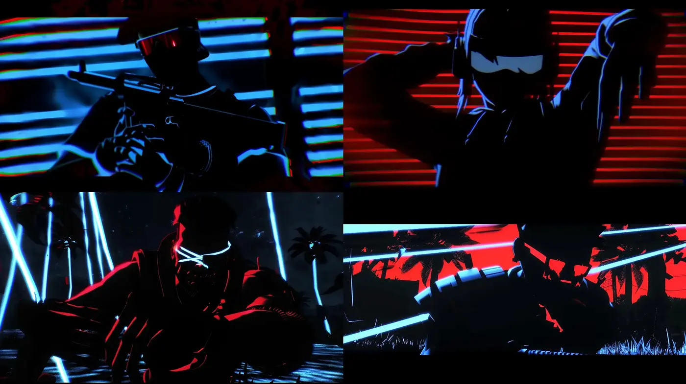 High-Contrast Noir Silhouettes with a Cyberpunk Undertone - Midjourney sref style