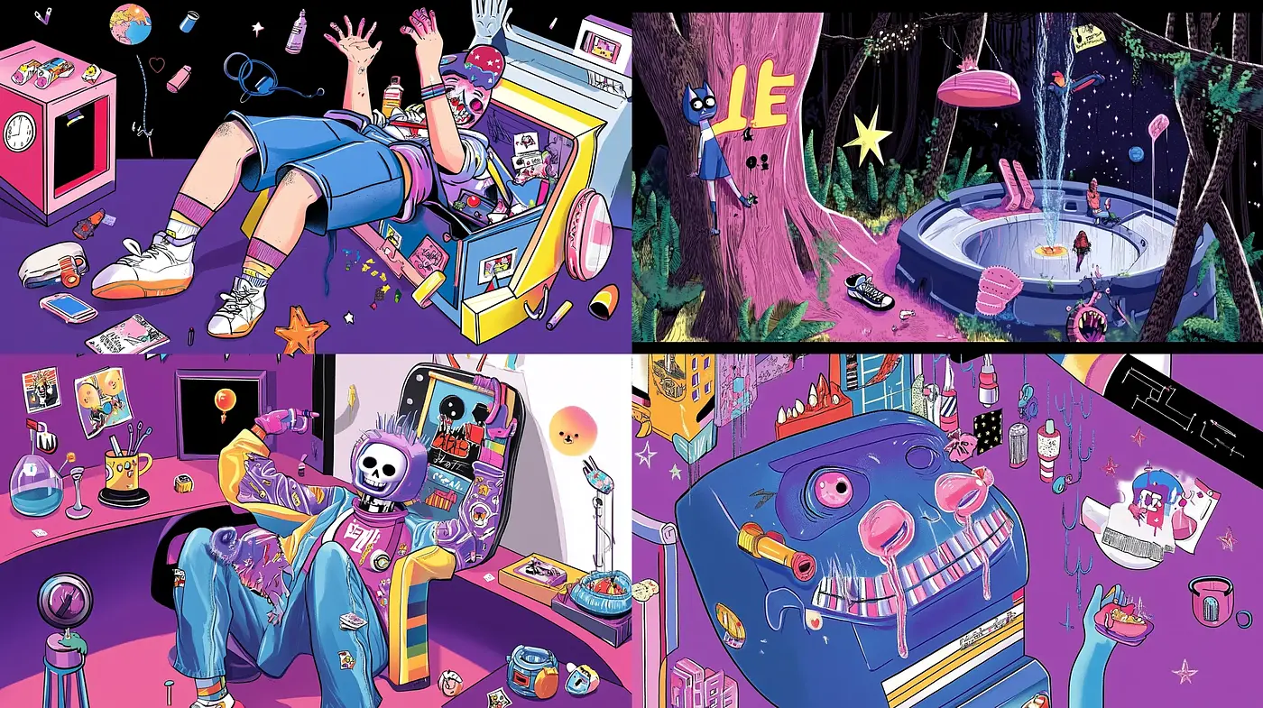 Eccentric Retrofuturistic Dreamscape with Neon Highlights - Midjourney sref style