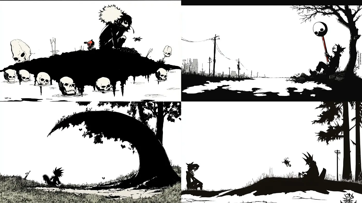 Monochromatic Surreal Silhouettes with Eerie Overtones - Midjourney sref style