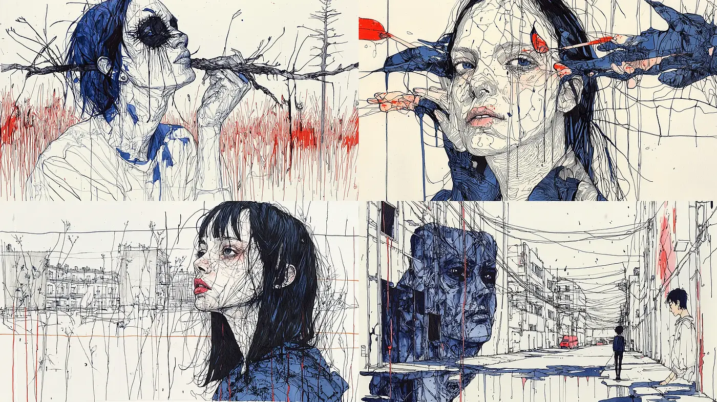 Melancholic Linework Fusion with Splashes of Red - Midjourney sref style