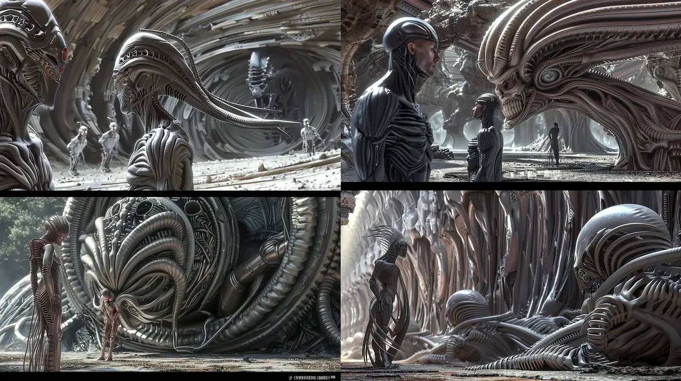 Futuristic and surreal exploration of form and structure in alien landscapes - Midjourney sref style