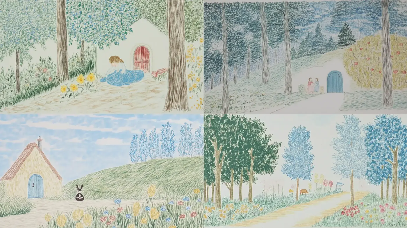 Whimsical Pastoral Landscapes with Crayon-like Textures - Midjourney sref style