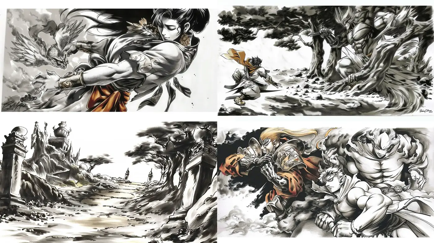 Dynamic Ink Brushwork with Monochrome Manga Essence - Midjourney sref style