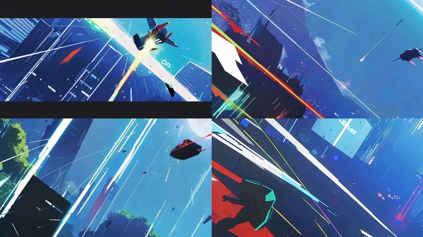 Dynamic Futuristic Urban Landscapes with High-Contrast Colors and Energetic Composition - Midjourney sref style
