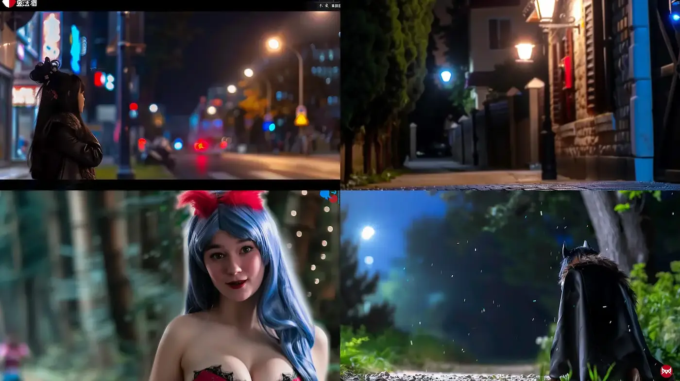 Mysterious urban night scenes with playful character elements - Midjourney sref style