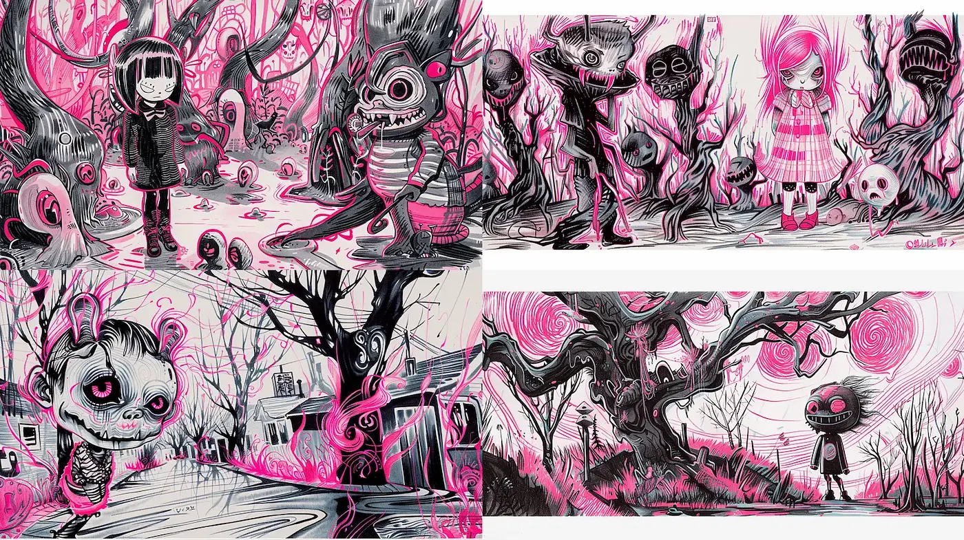 Whimsical yet dark illustrative style with a surreal character focus - Midjourney sref style
