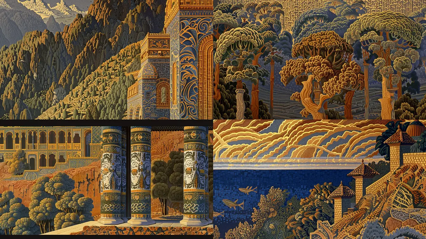 Ornate Tapestry of Mythical Landscapes - Midjourney sref style