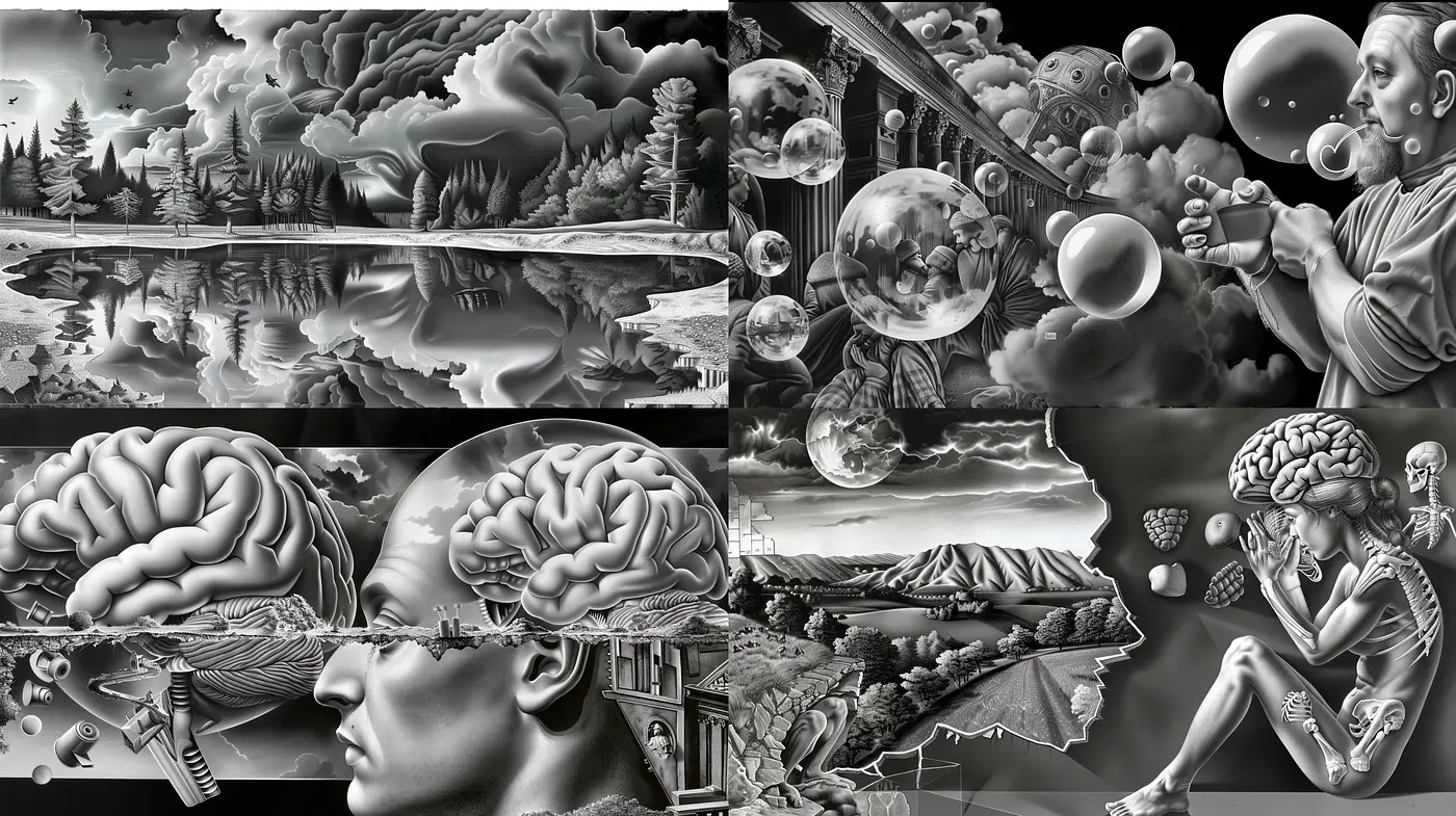 Monochromatic Dreamscape: An Homage to Surrealist Visions in Grayscale - Midjourney sref style