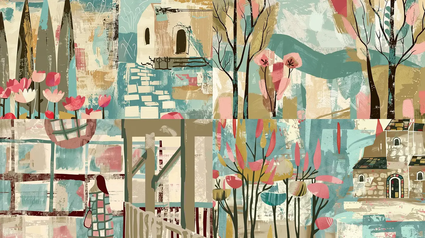 Contemporary Abstract Collage Exploring Pastel Narrative - Midjourney sref style