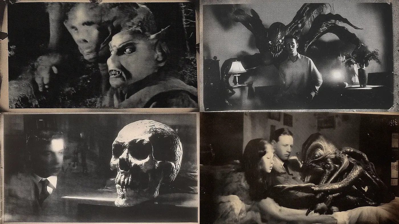 Dark, atmospheric cinematography influenced by classic horror aesthetics - Midjourney sref style