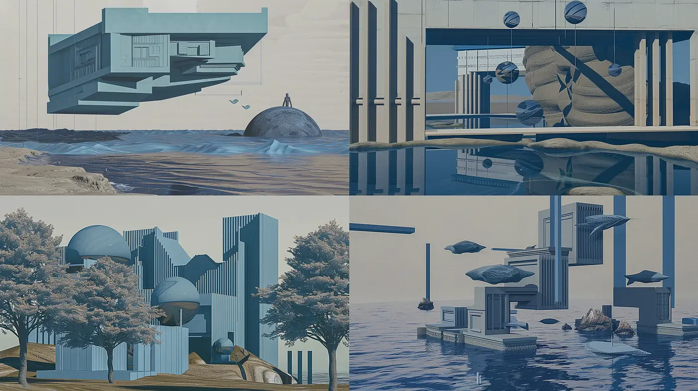 Surreal Architectural Dreamscape in Monochromatic Blues - Midjourney sref style