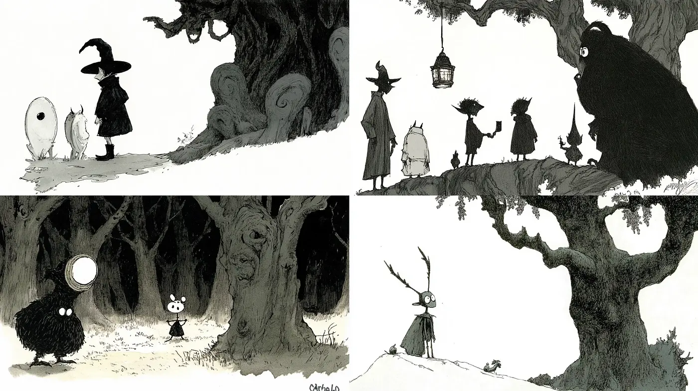Enigmatic Whimsical Forest: A Stylized Monochrome Narrative - Midjourney sref style