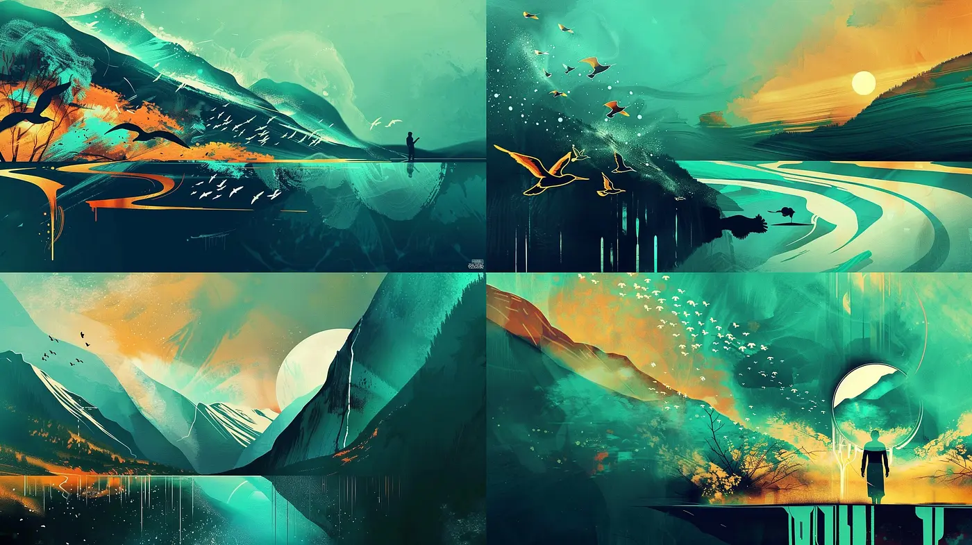 Ethereal Dreamscapes: A Serene Fusion of Aquamarine Hues and Surrealist Landscapes - Midjourney sref style
