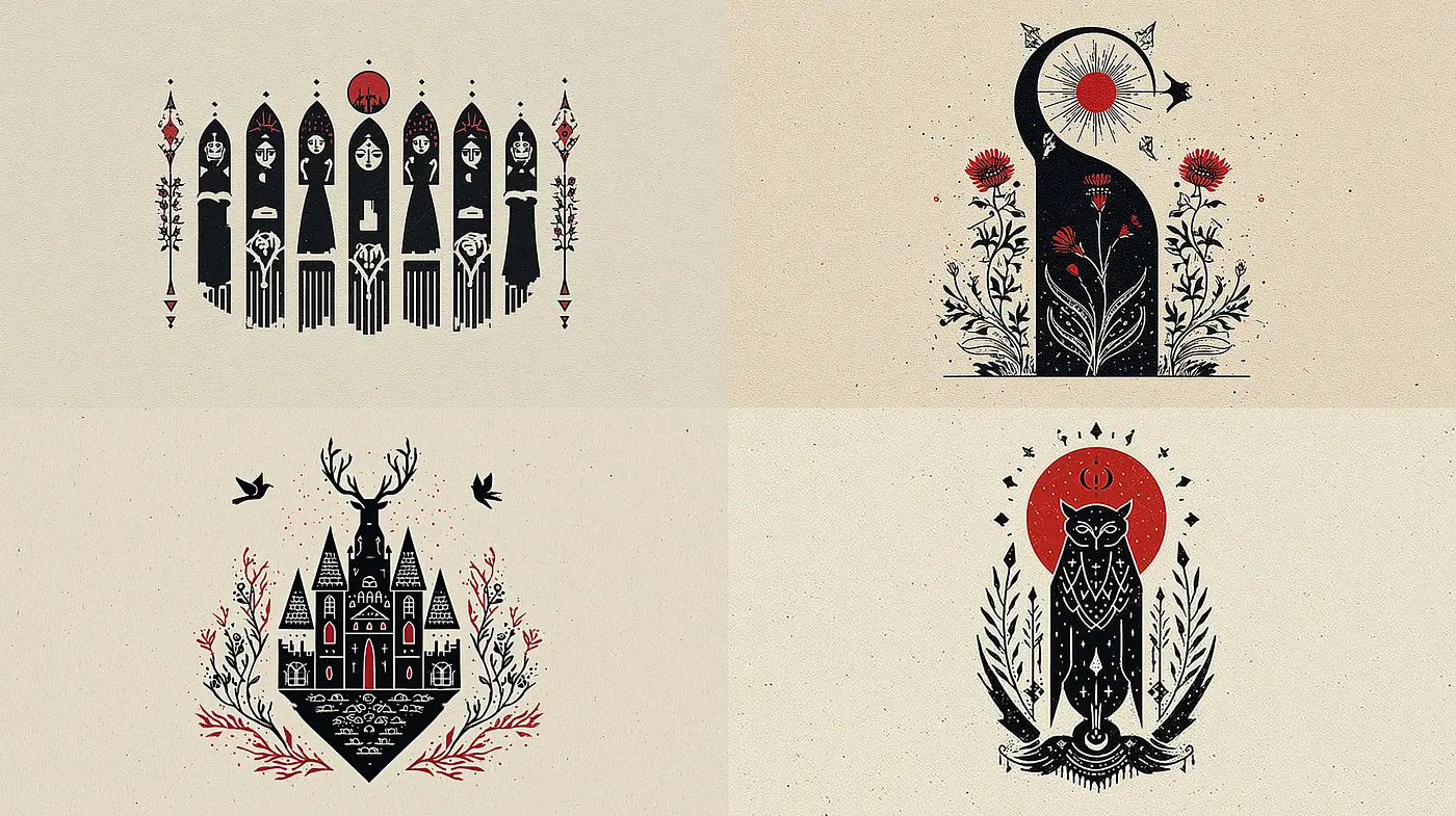 Dark, whimsical illustration style with intricate detailing and natural motifs - Midjourney sref style