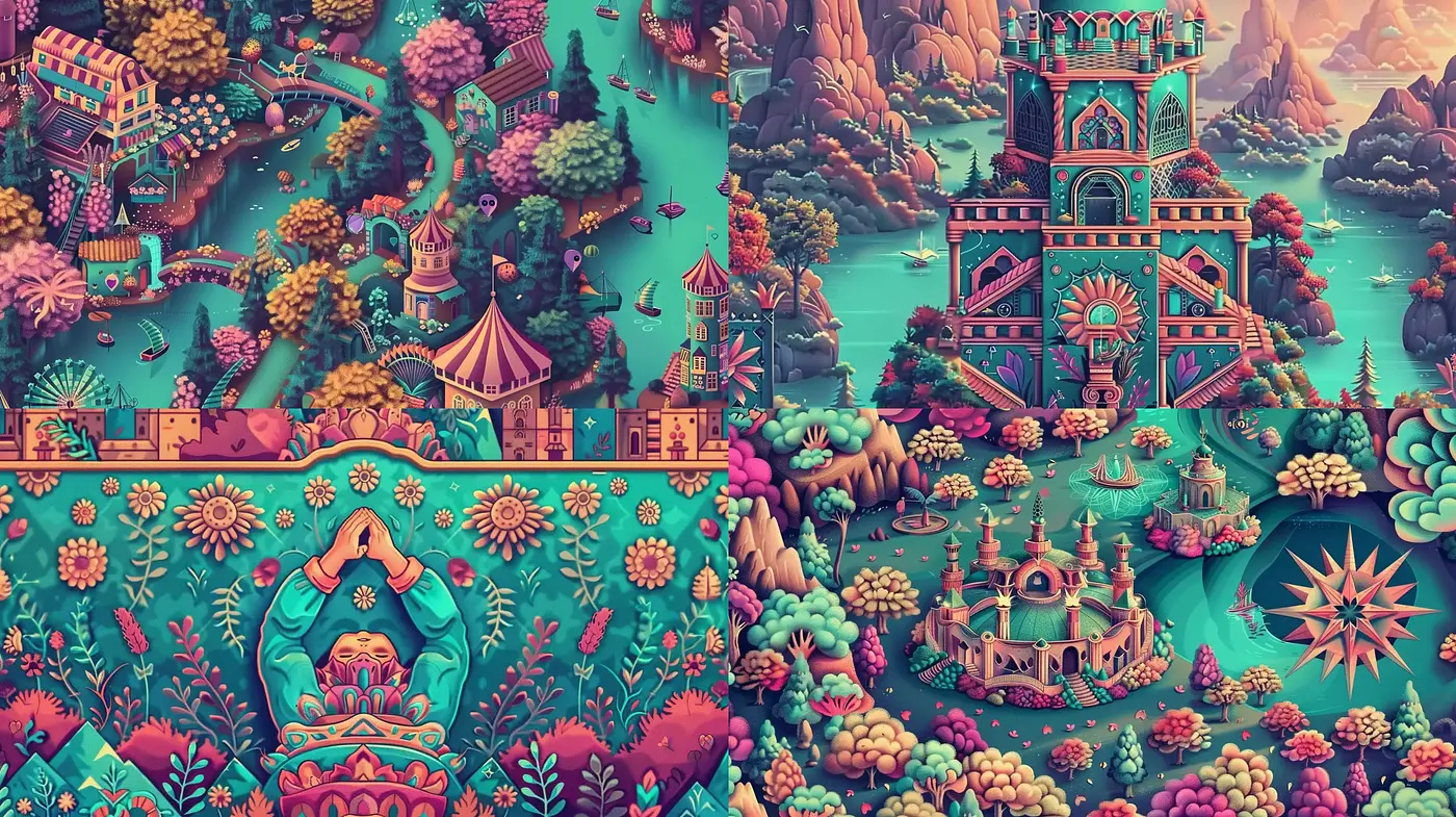Enchanted Chromatic Dreamscape: A Fantastical Realm of Saturated Hues - Midjourney sref style