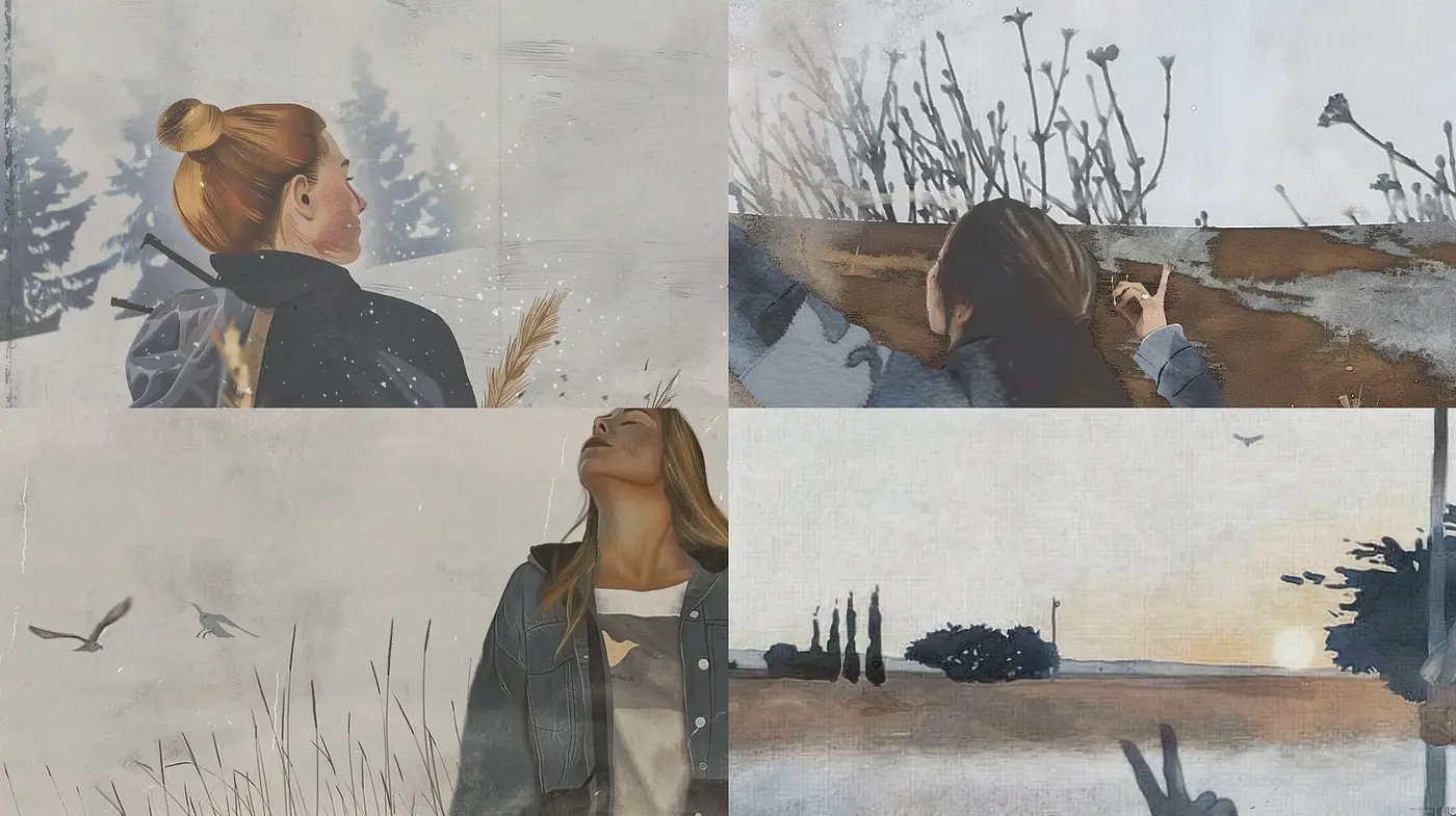 Serene Contemplation in Desaturated Tones: A Harmonious Blend of Soft Textures and Subdued Hues - Midjourney sref style