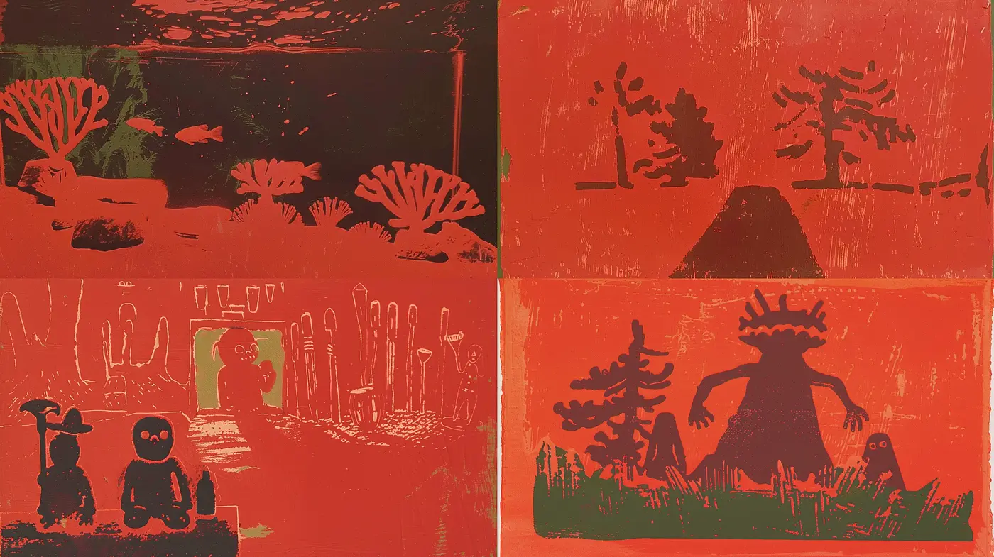 Ethereal Red Tones in Stylized Silhouette Visions - Midjourney sref style