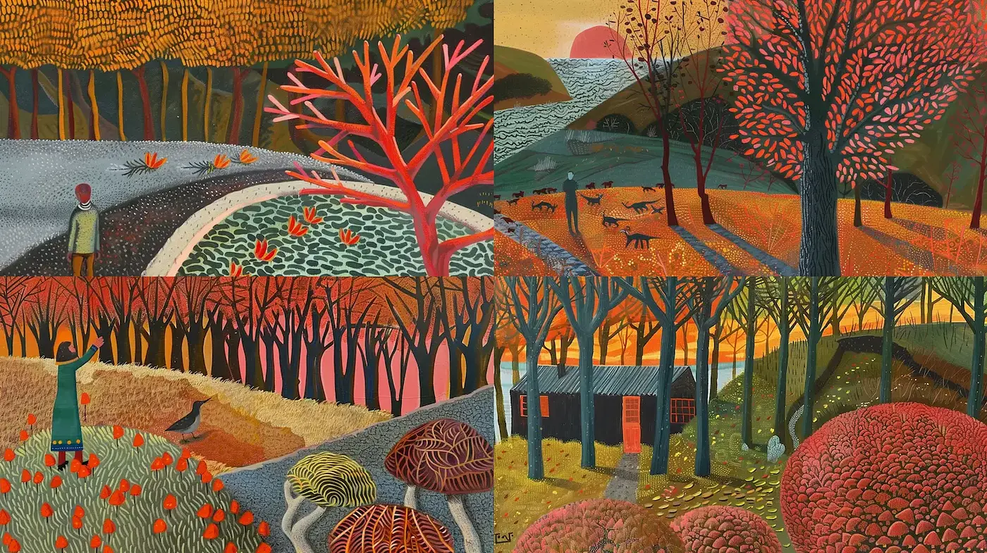 Whimsical Landscapes with Vivid Fall Colors - Midjourney sref style