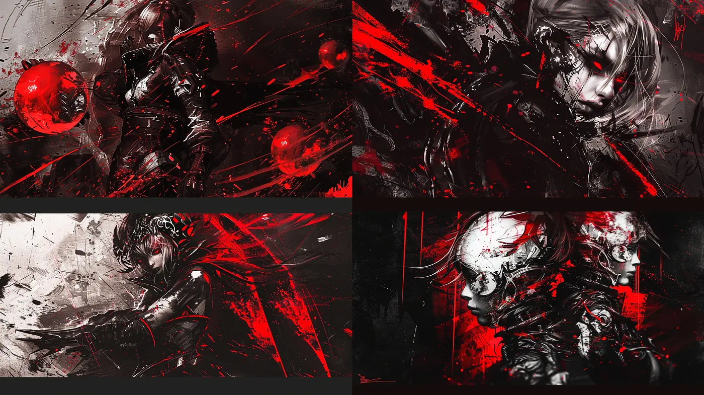 Dynamic Contrast and Red-Black Textural Evolution - Midjourney sref style