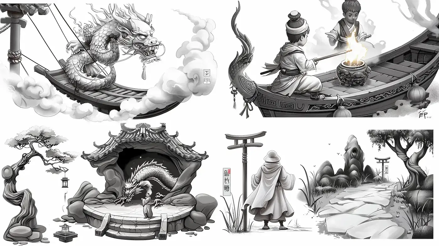Culturally rich and harmonious amalgamation of elements in monochrome artistry - Midjourney sref style