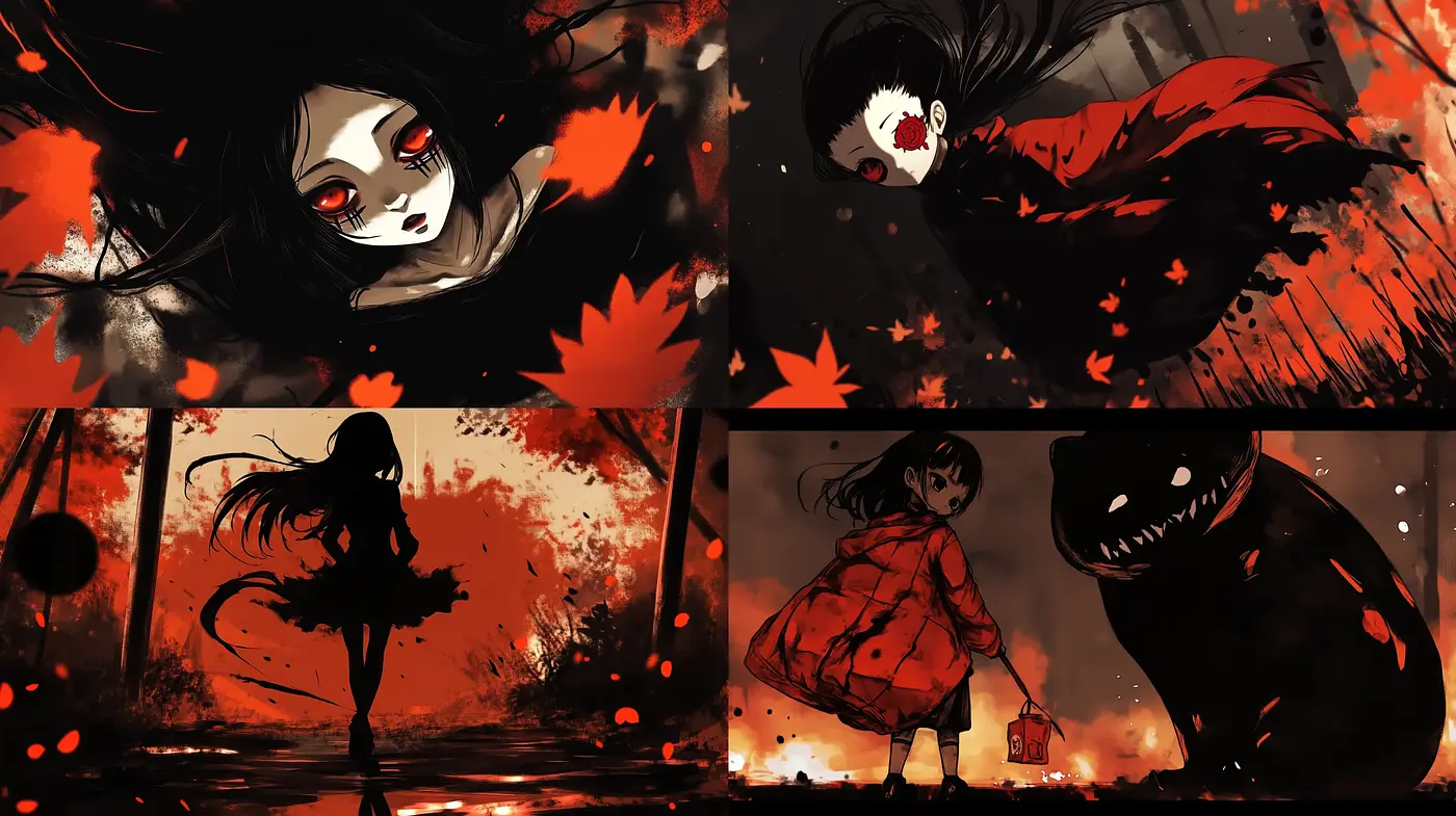 Gritty Crimson Shadows: An Intense and Vivid Artistic Fusion - Midjourney sref style