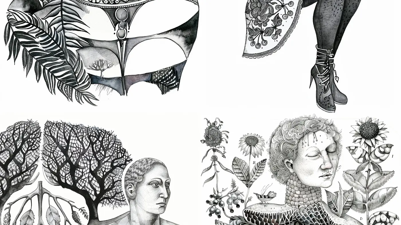 Monochromatic Botanical Dreamscapes in Stippled Illustration - Midjourney sref style