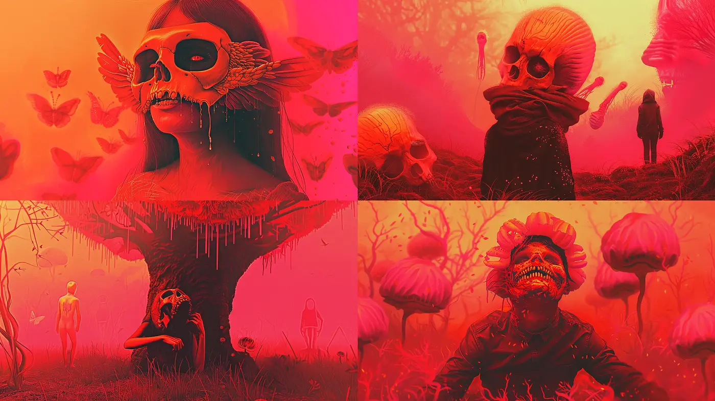 Surreal Crimson Dreamscape with Ethereal Textures - Midjourney sref style