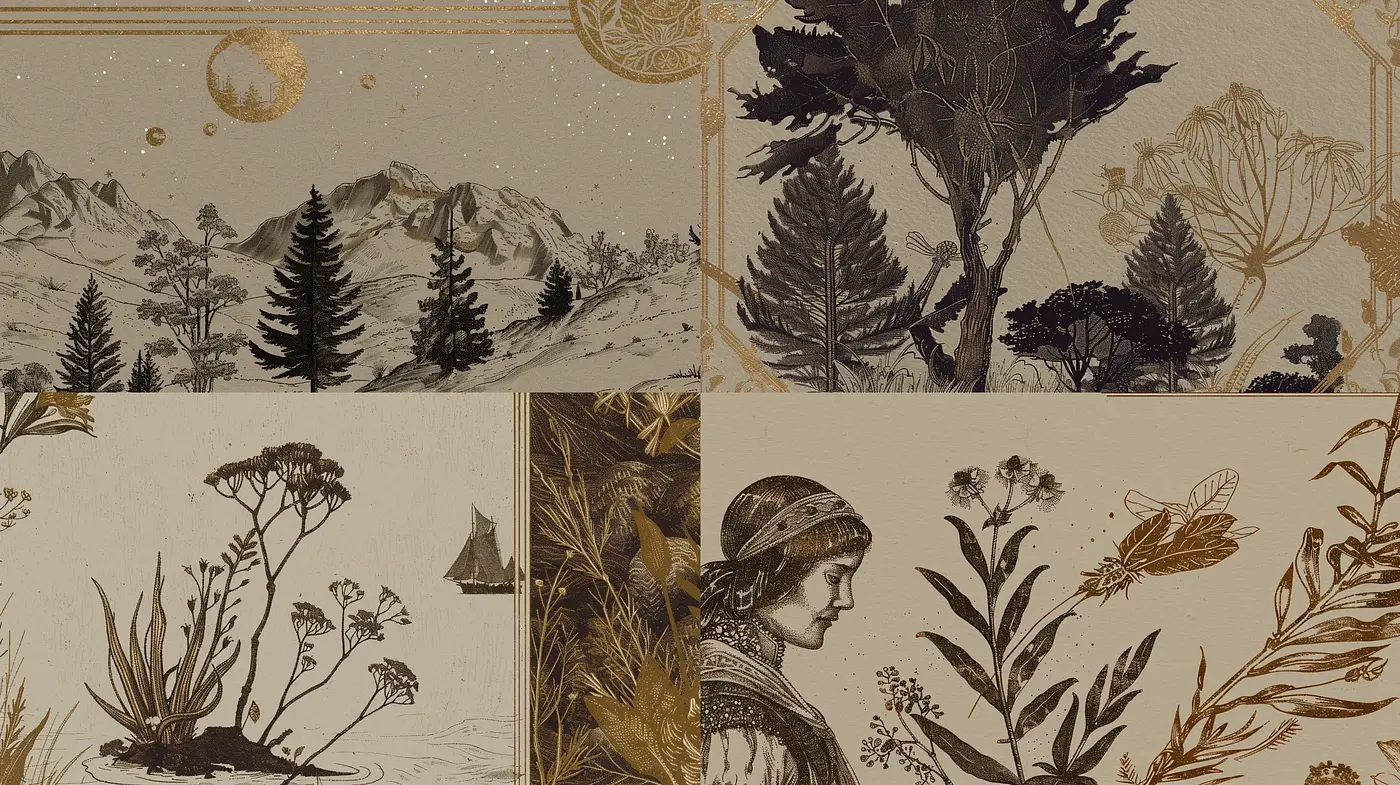 Ethereal Botanical Illustrations with Sepia Overtones - Midjourney sref style