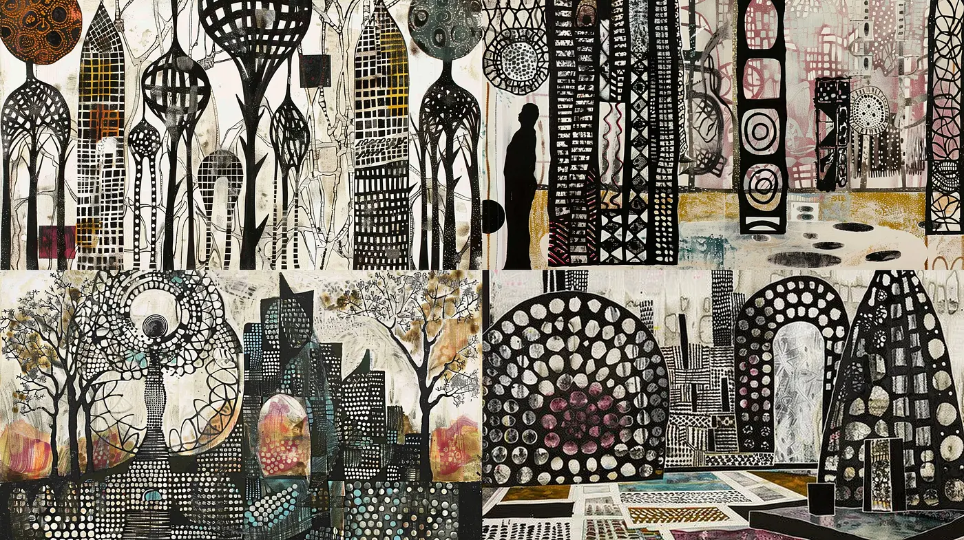 Monochrome Mosaic of Whimsy: A Study in Textured Patterns and Stark Contrasts - Midjourney sref style
