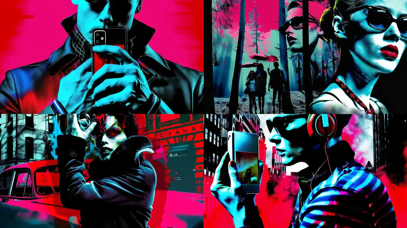 Vibrant Neo-noir Aesthetic with Multimedia Influences - Midjourney sref style
