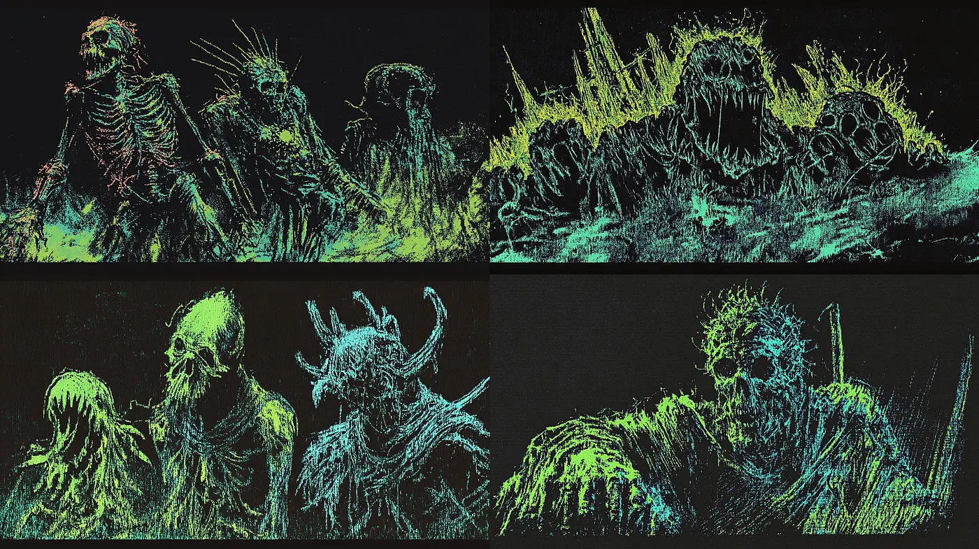 Neon Chiaroscuro Phantasmagoria - Midjourney sref style