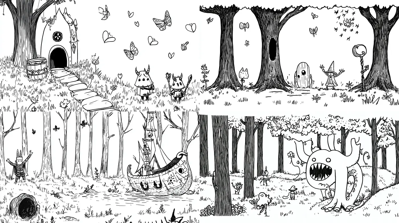 Whimsical Monochrome Forest Scenes With Playful Creatures - Midjourney sref style