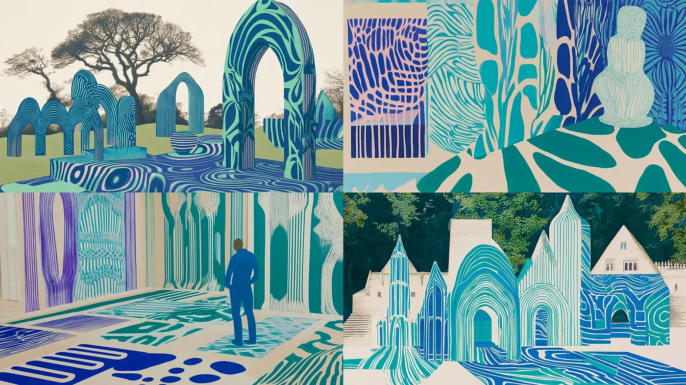 Contemporary Tranquility in Blue: Exploring Abstracted Natural Landscapes and Architectural Forms - Midjourney sref style