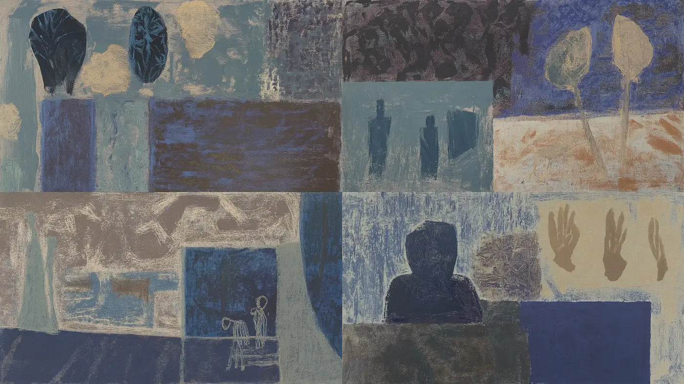 Abstract Textural Mosaic in Earthy and Cool Hues - Midjourney sref style