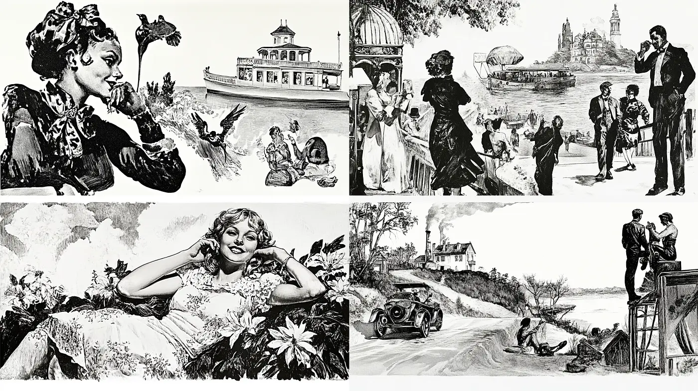 Monochromatic Nostalgia in Ink and Wash Technique - Midjourney sref style