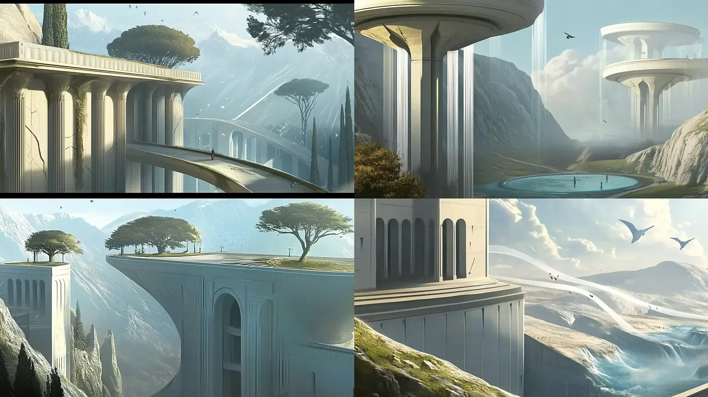 Ethereal Classical Architectural Landscapes Infused With Dreamy Luminance - Midjourney sref style