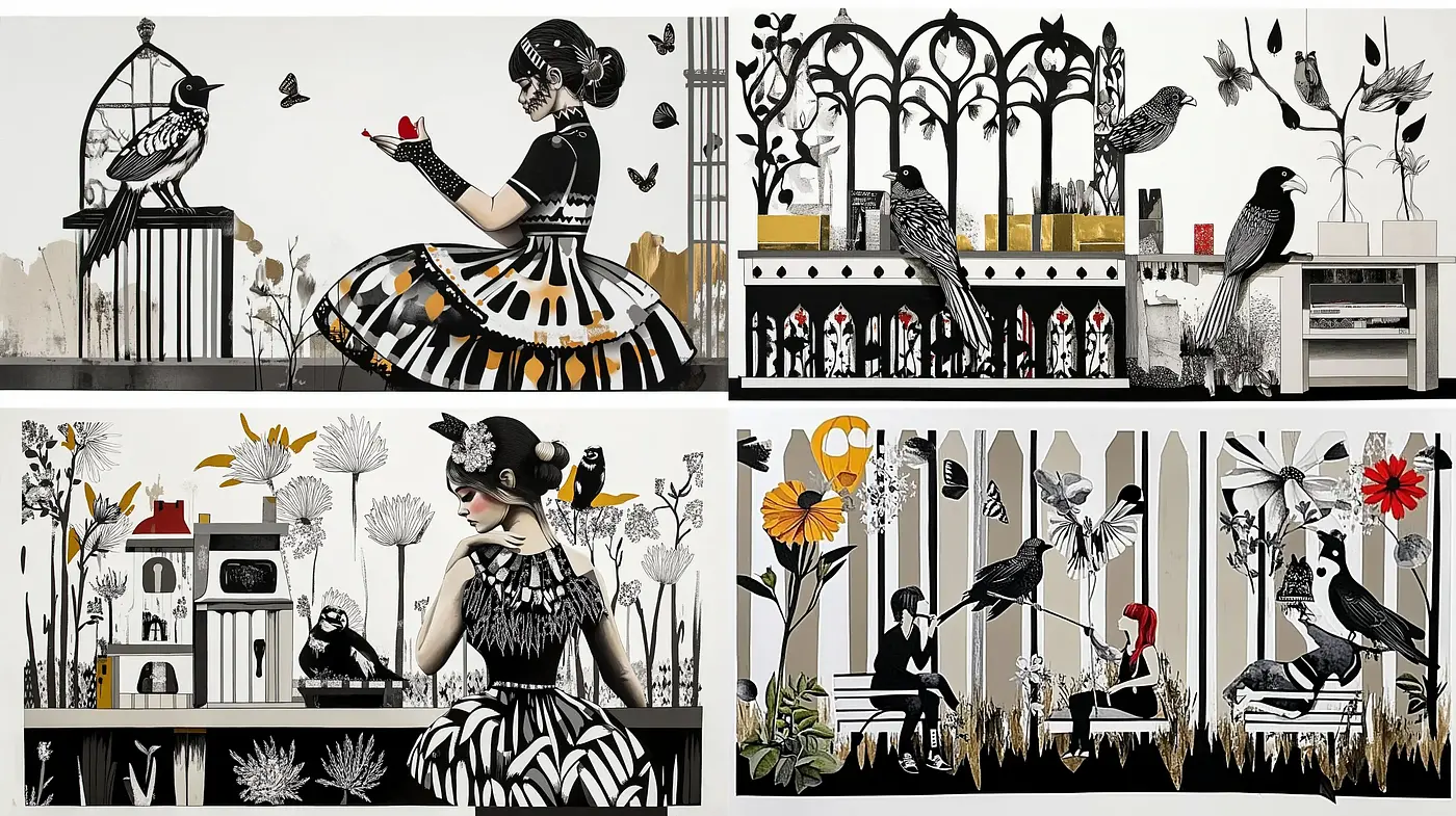 Monochromatic Elegance with Botanical and Avian Motifs - Midjourney sref style