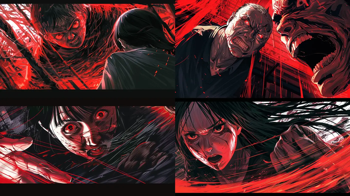 Dynamic Crimson Brushstrokes in a Manga-Inspired Tableau - Midjourney sref style