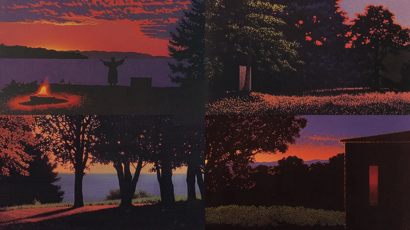 Twilight Silhouette Symphony: A Harmonious Blend of Vivid Sunset Hues with Textured Nature - Midjourney sref style