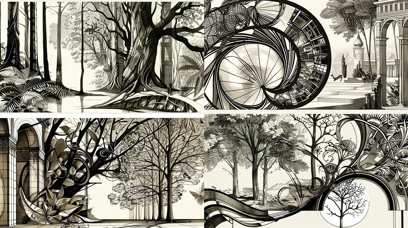 Sepia-Toned Arboreal Dreamscape in Art Nouveau - Midjourney sref style