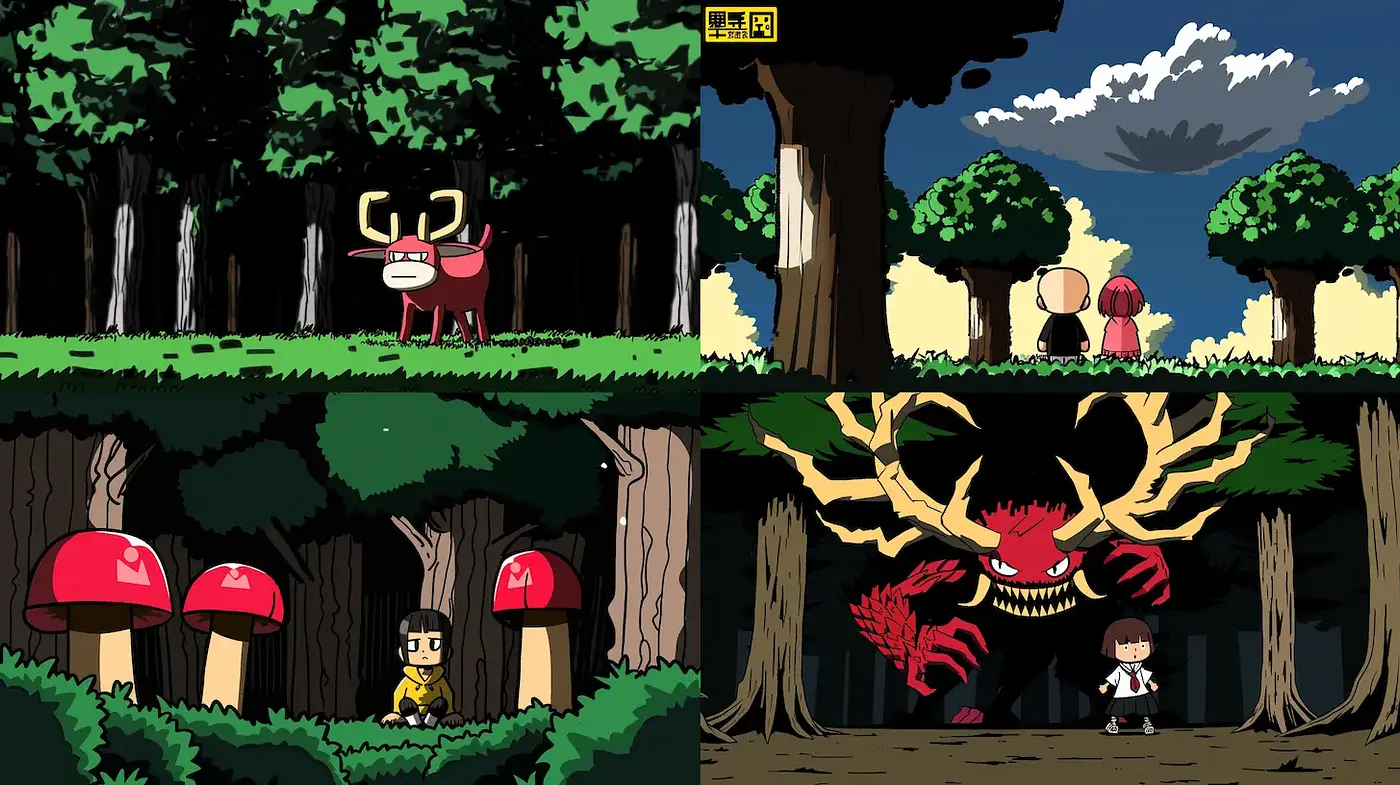 Vibrant and whimsical cartoon-style forest scenes with fantasy elements - Midjourney sref style
