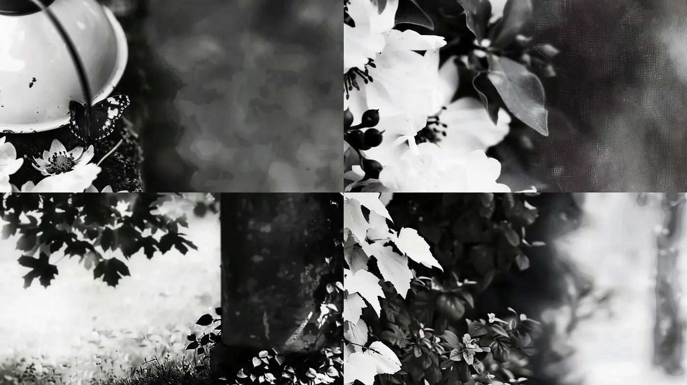 Monochromatic Whisperings in Nature's Embrace - Midjourney sref style